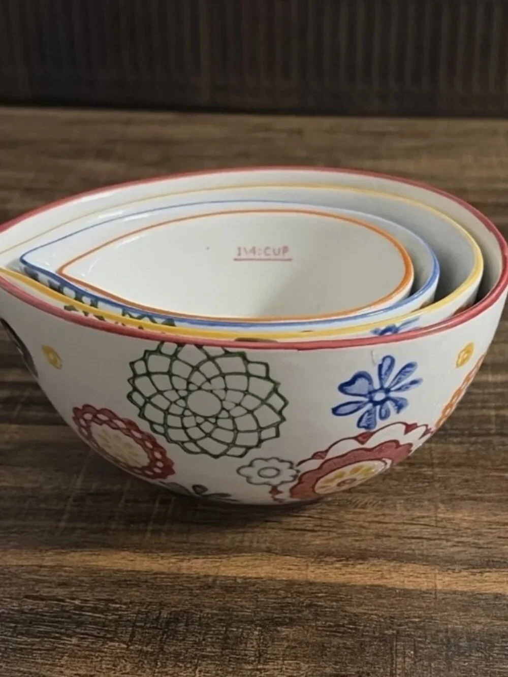 Pier 1 Imports Floral Hand Painted Stoneware Nesting Measuring Cups Set of 4